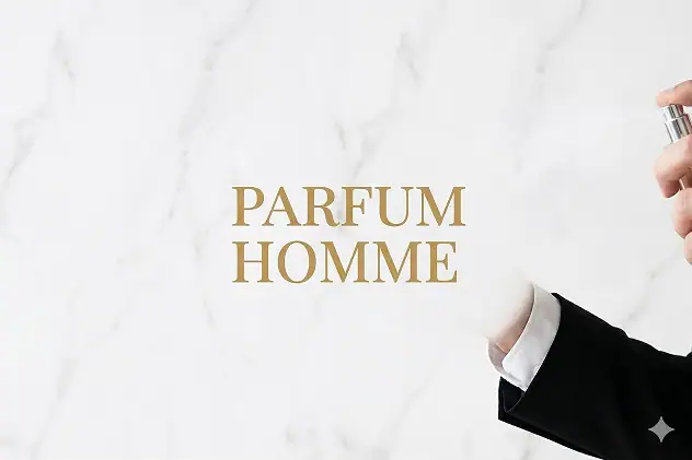Bannière prestige parfum homme 33ml, vaporisateur et costume noir sur fond marbre, livraison partout au Maroc.