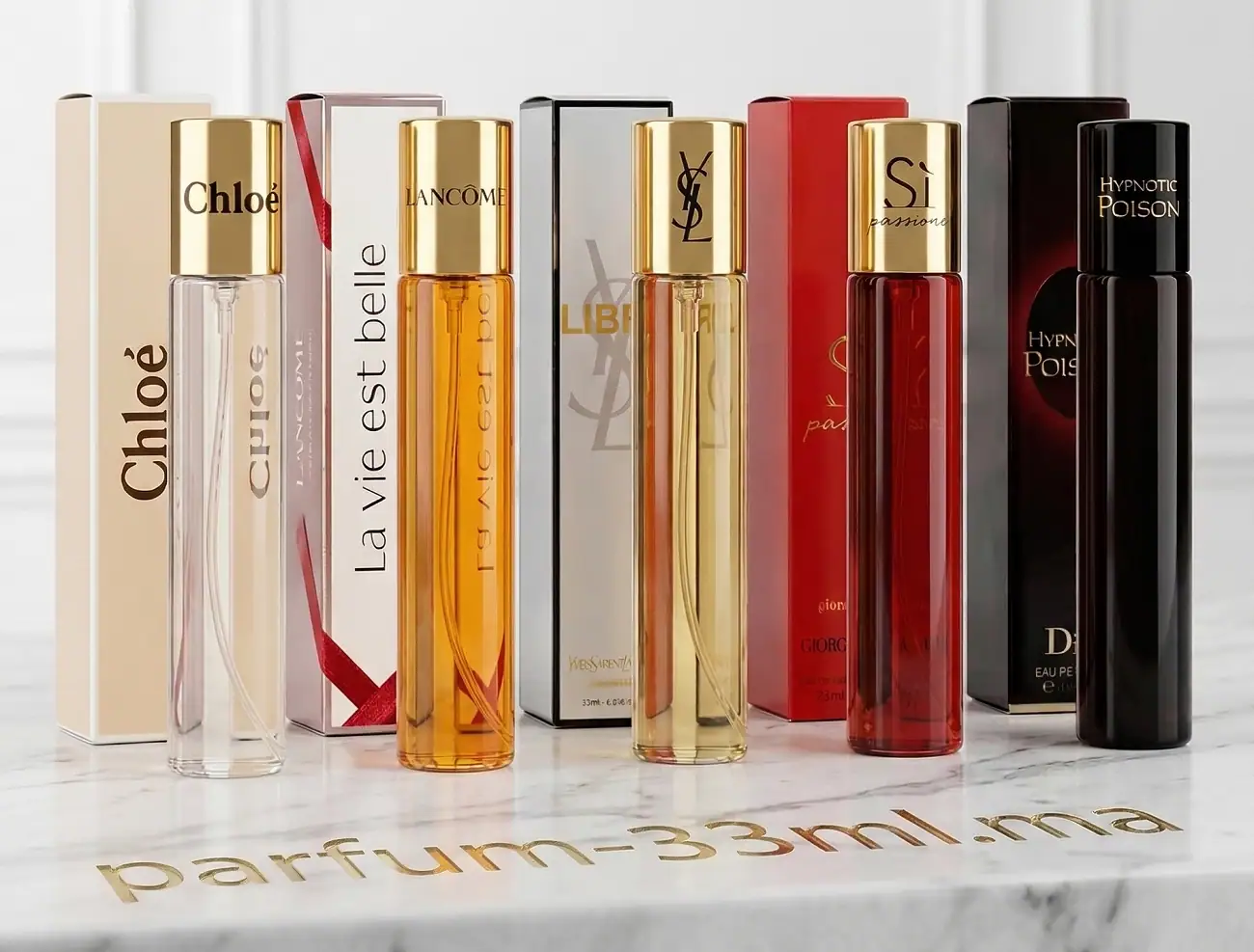 Gamme de parfums 33ml de luxe sur marbre blanc avec boîtes d'origine, boutique en ligne parfum-33ml.ma au Maroc.