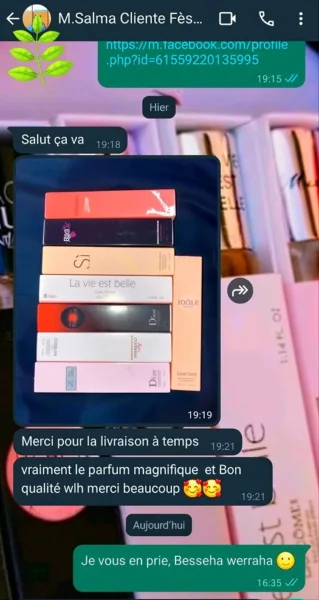 Discussion WhatsApp confirmant la réception sécurisée d'un colis de parfums 33ml dans une ville de province au Maroc.
