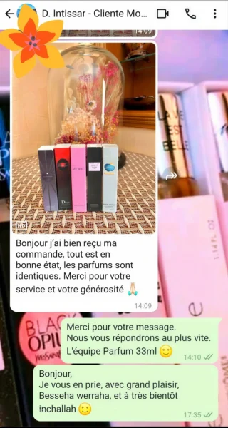 Capture WhatsApp d'une cliente ravie de la ressemblance parfaite de son parfum 33ml avec l'original.
