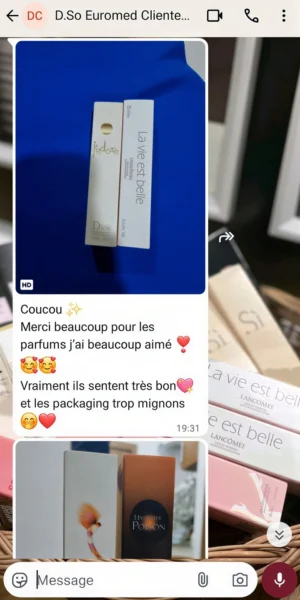 Message de remerciement d'un client fidèle sur WhatsApp pour le conseil et l'accueil de Parfum-33ml.ma