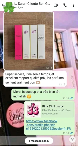 Témoignage WhatsApp d'une cliente ravie de la qualité et de l'odeur des parfums 33ml My Way et Alien, soulignant le bon rapport qualité-prix.